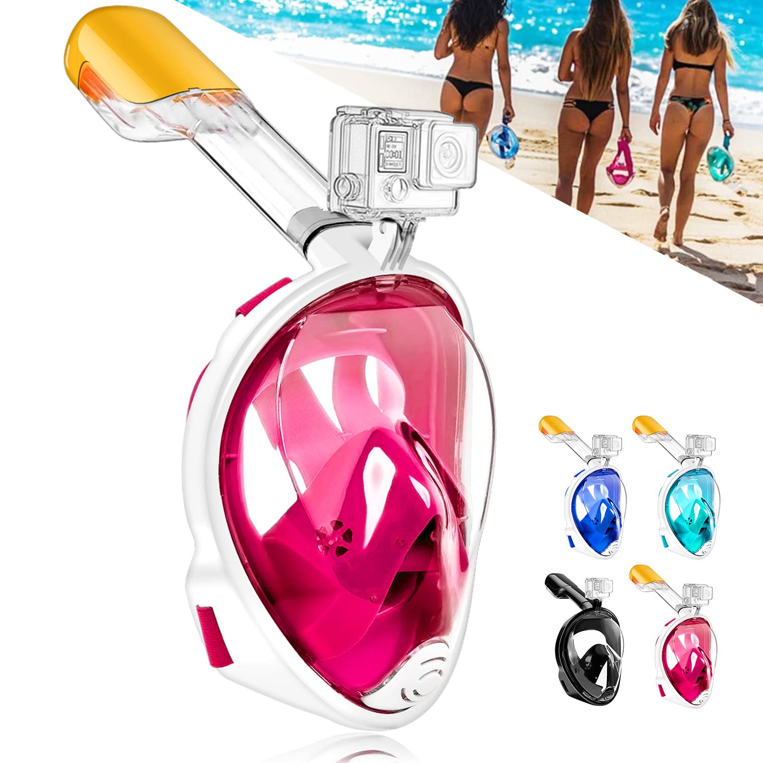HINATAA Máscara de Buceo, 180°Panorámica Máscara de Snorkel de Cara, Anti-vaho Anti-Fuga,con Tapones con Tapones para los oídos Impermeables, Easy Breathe para Adultos,Jóvenes,Niños