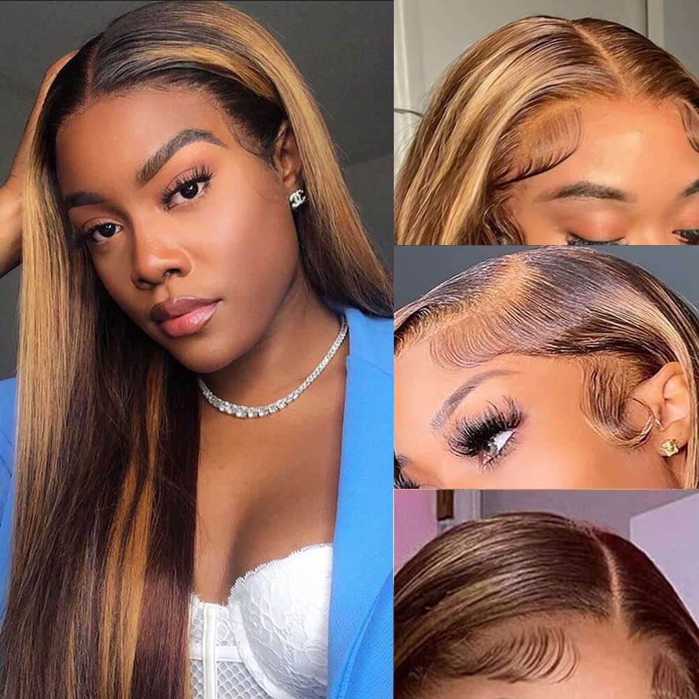 Straight Lace Front Wigs, 13x4 HD Transparent Straight Lace Frontal Wigs Human Hair with Baby Hair 180% Density Bleached Knots Virgin Glueless Human Hair Wigs (Black, 28 inch)