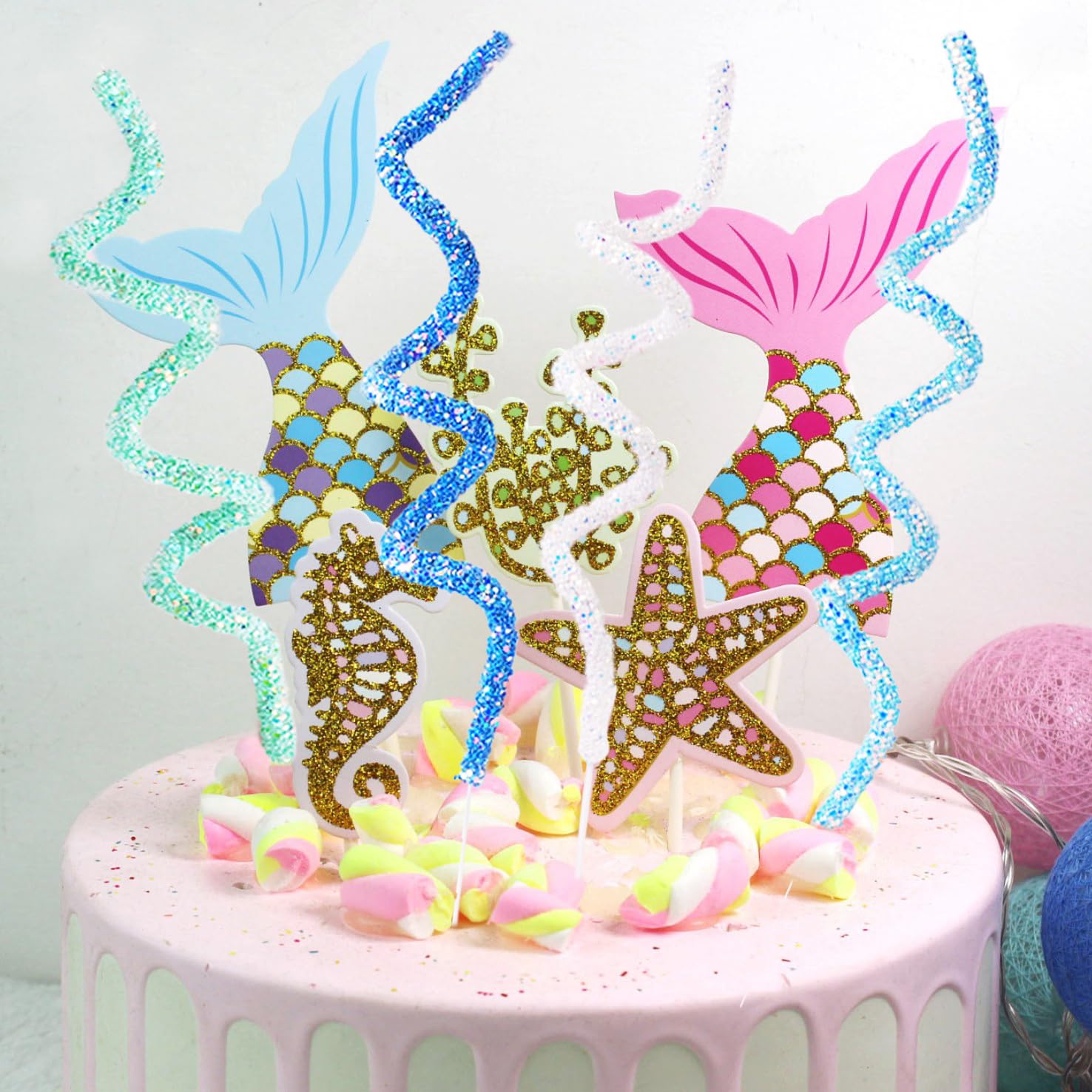 9 piezas decoración para tartas mundo submarino, elementos marinos brillantes, plantas acuáticas, decoración de cola de pez, decoración para tartas, decoración de cumpleaños, decoración para fiesta de