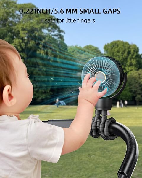 KIDEE Portable Pram Fan, Small Rechargeable Clip On Fan with Digital Display, 2000mAh, 3 Speeds 360° Rotate Mini Cooling Fan for Stroller, Buggy, Car Seat, Crib & Travel - 5