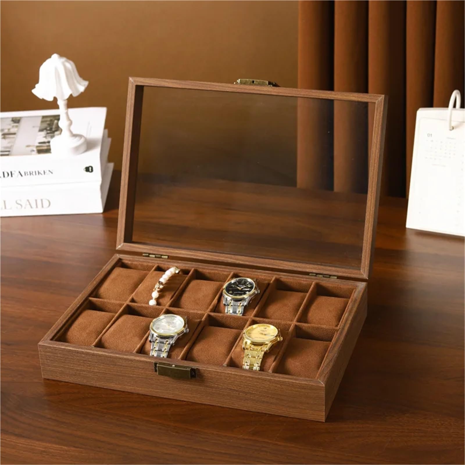 Portaorologi in Legno Massello Scatola for orologi in legno a 12 scomparti con coperchio in vetro