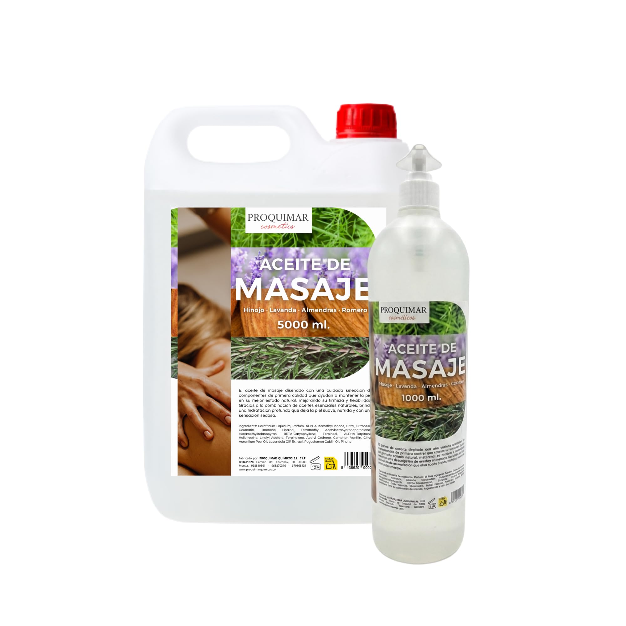 Aceite de Masaje con Romero, Almendra, Lavanda e Hinojo – Relajante, Revitalizante y Aromático – Textura Suave, Hidratante y Profesional – 5L + Botella Dosificadora 1L