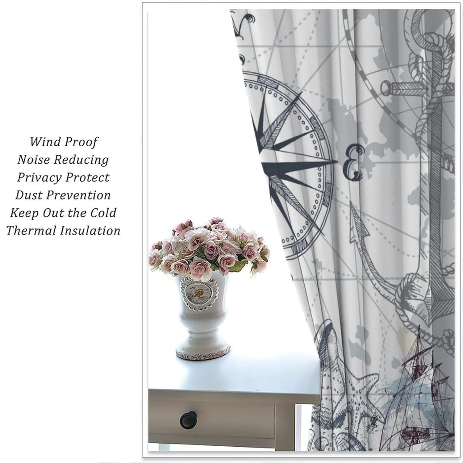 Ocean Lighthouse Curtains, Vintage Map Nautical Adventure Compass Anchor Shell Blackout Rod Pocket Window Treatment for Kids Bedroom Living Room Restaurant Kitchen Drapes 42" W X 45" L