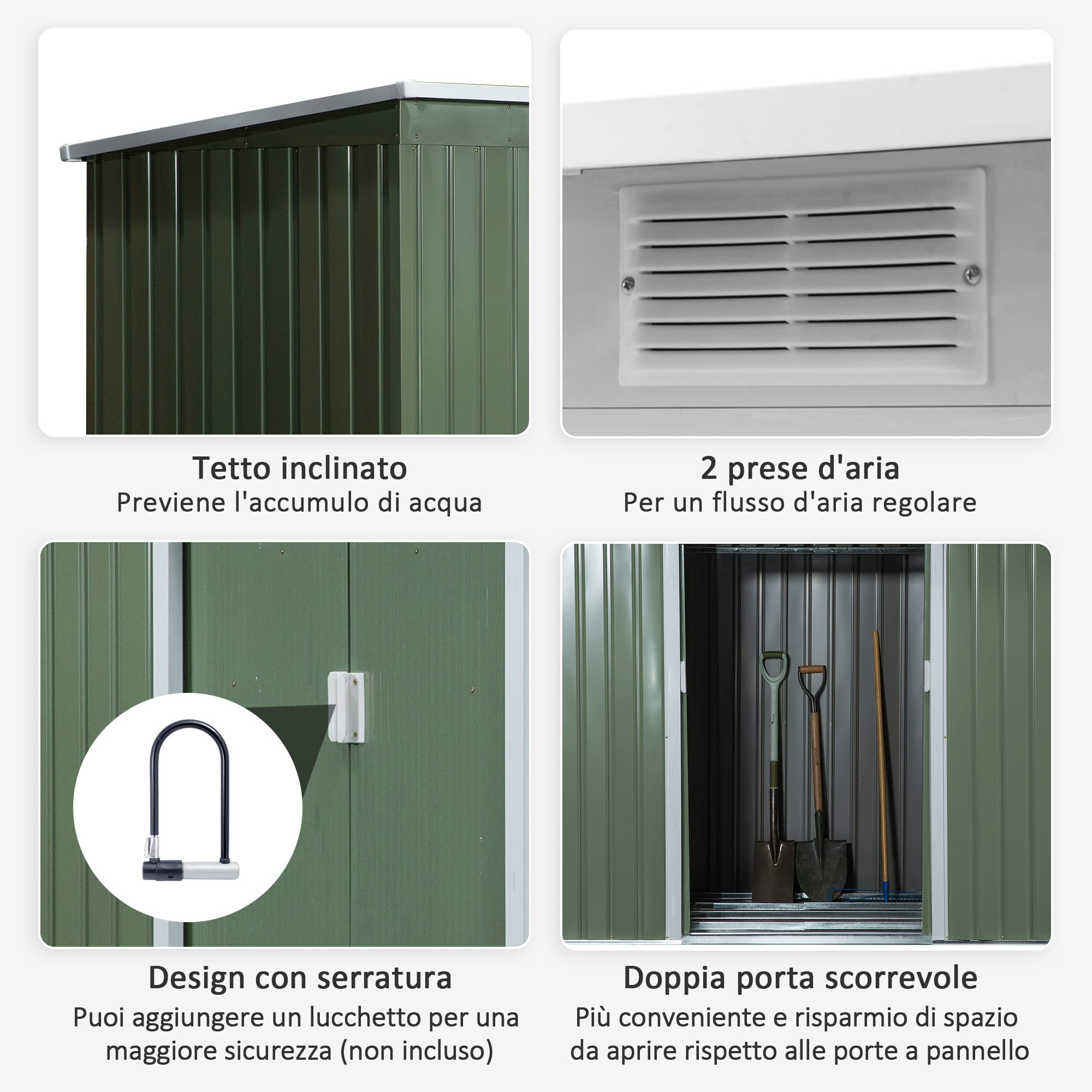 Outsunny Casetta da Giardino in Acciaio con Tetto Inclinato, Doppia Porta Scorrevole e Prese d'Aria, 213x130x173 cm, Verde