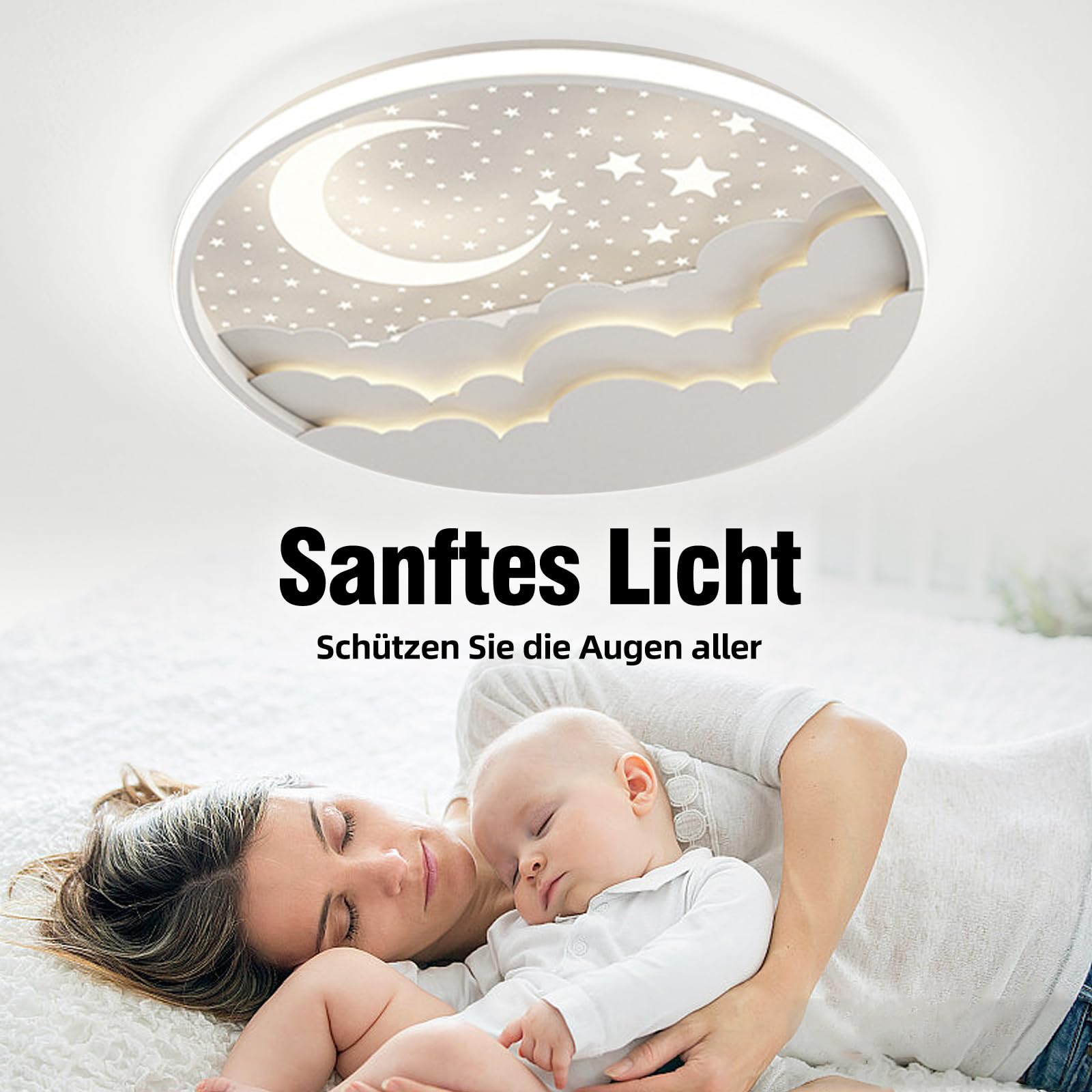 Lampara de Techo Infantil LED, Lámpara de Techo Creative Star and Moon, Lampara Techo Dormitorio 3000K-6000K Regulable con Control Remoto, Luz de techo para Dormitorio de Niños y Niñas, Blanco,40cm