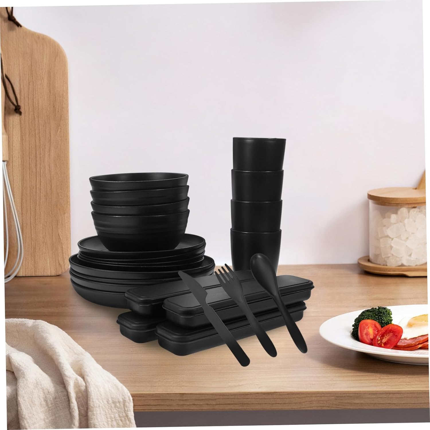 4sets Black Camping Picnic Utensil Bowl Plate Cup Cutlery Case Modern Portable Dinnerware for Outdoor