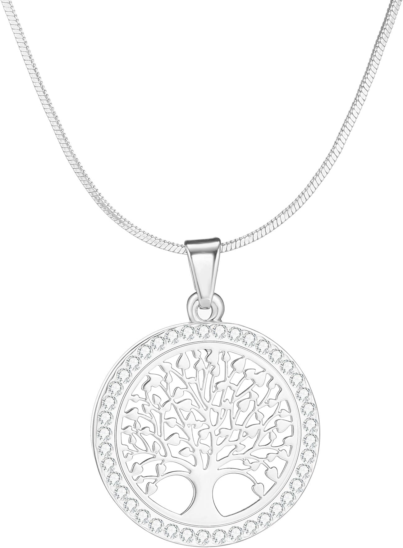 PengJinWomen's Tree of Life Necklace, Silver Jewellery Charm Pendant Necklace with Dazzling Crystal Rose Gold Long Chain for Girls Gifts