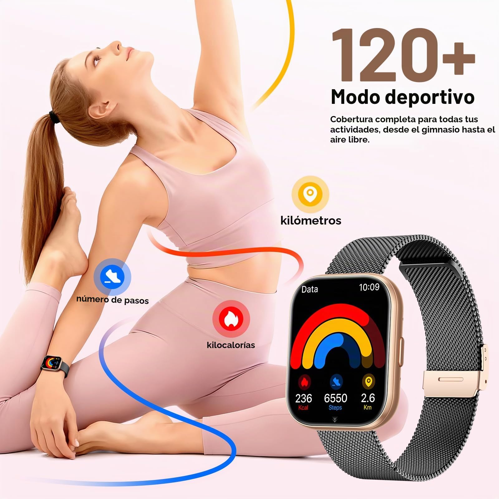 SLOKSFil Reloj Inteligente Mujer con Llamadas, 1.75" TFT Smartwatch Mujer, con 24H Pulsómetro/SpO2/120+Modos Deportivos/Sueño/IP68/ Función Femenina Smart Watch (Negro Oro)