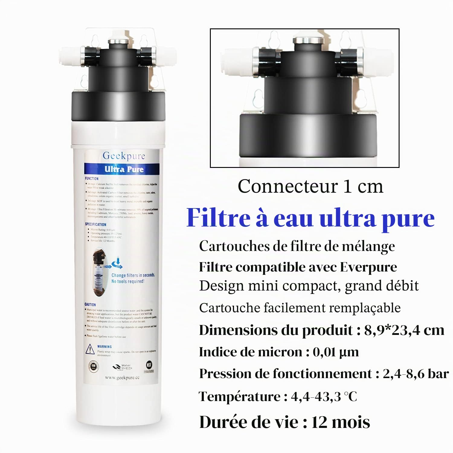 Geekpure système de filtration d'eau potable à connexion directe ultra pure haute capacité à 4 étages -0,01 micron