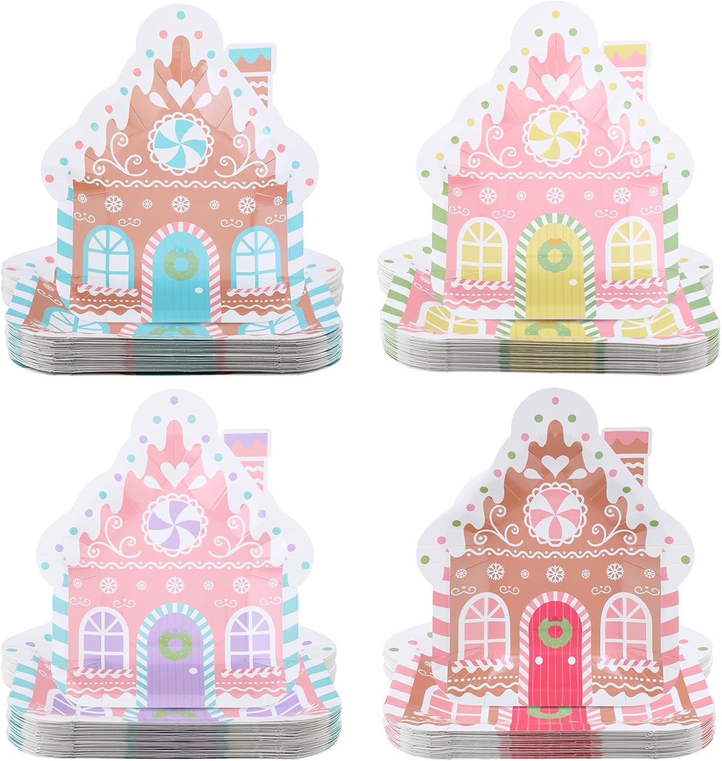Maxdot 60 Pcs Christmas Gingerbread House Pastel Paper Plates Disposable Macaron Xmas Dinnerware Family Party Tableware Supplies for Xmas Dinner Winter Holiday Cookie Dessert Plate 7.09 x 8.66 Inch