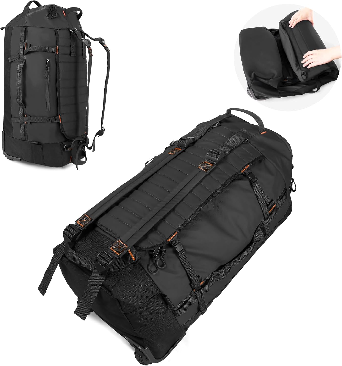 Vomgomfom 86L Foldable Duffle Bag with Wheels - Waterproof Rolling Travel Bag, Collapsible Luggage No Telescopic Handle, for Men Women Camping Sports Weekend Trips,Black