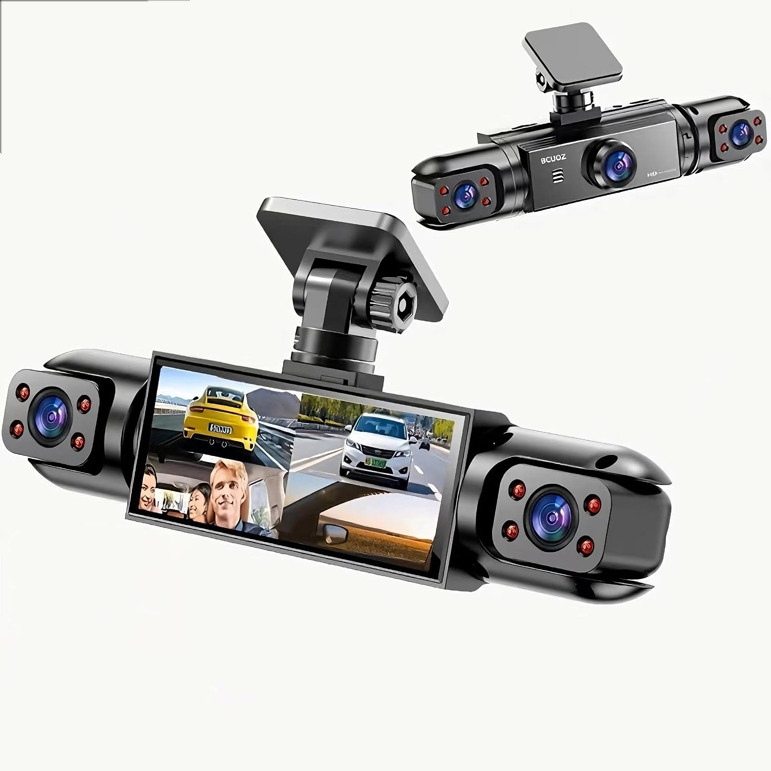 BCUOZ Dash Cam 4-Camera Full Coverage with Front, Rear, and Interior Cameras, Full HD 1080P Recording, Night Vision, 24-Hour Parking Monitor (4 Lens with 64GB Card)