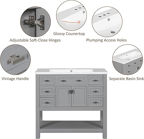 Miniatura 5 de Harper & Bright Designs Mueble de baño de 36 pulgadas con lavabo, juego de tocador individual independiente con 2 puertas de cierre suave y 6