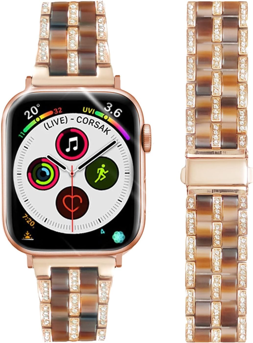 DEALELE Bands Compatible with iWatch 38mm 40mm 41mm, Bling Resin Rhinestone Diamond Metal Replacement Strap for Apple Watch Series 9/8 / 7/6 / 5/4 / 3 / SE Women Men (Rose-Chocolate)