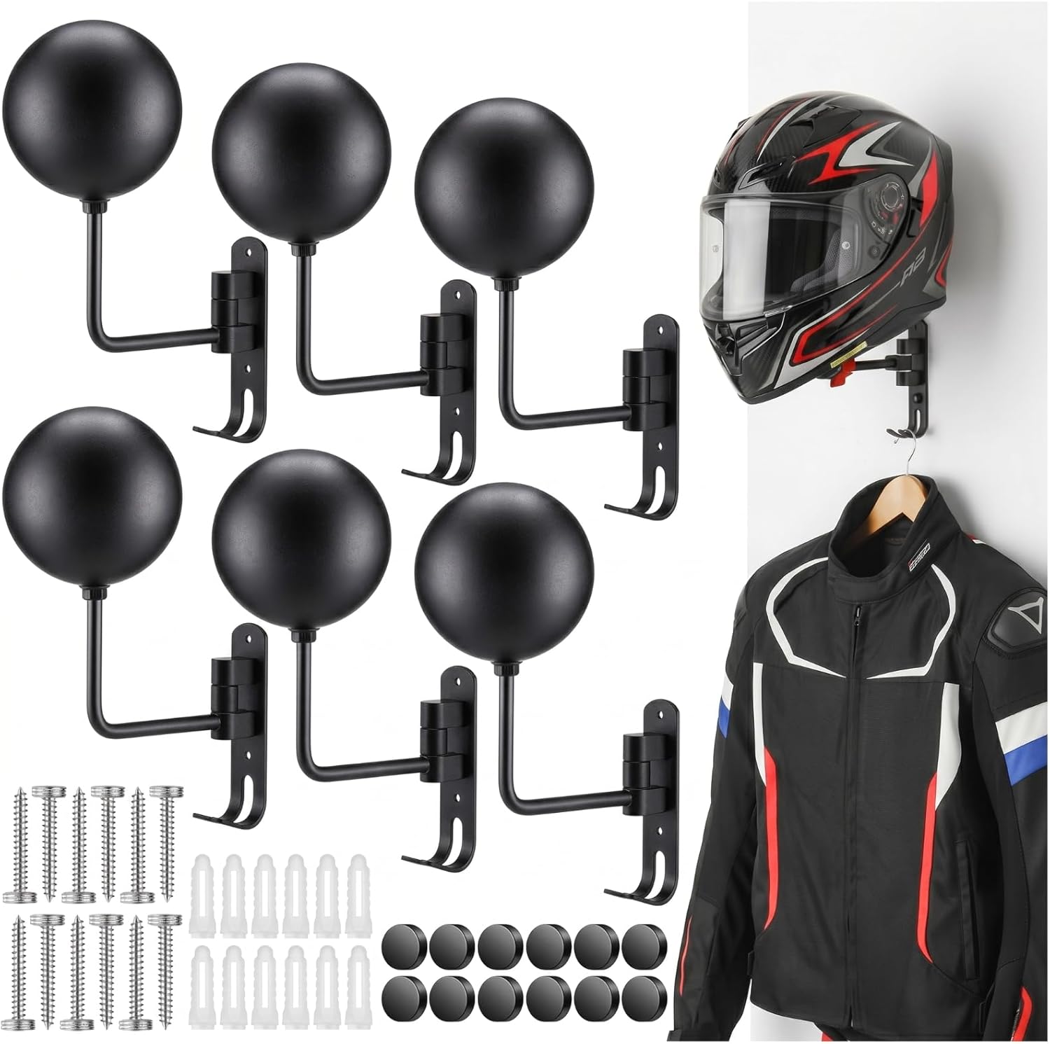 Shimeyao Motorcycle Helmet Holder Wall Mount 180° Rotation Helmet Hanger with Hooks Metal Helmets Rack for Coats, Caps, Jacket, Glove, Motorcycle Bike Racing Outerwear Sports Gear Accessories