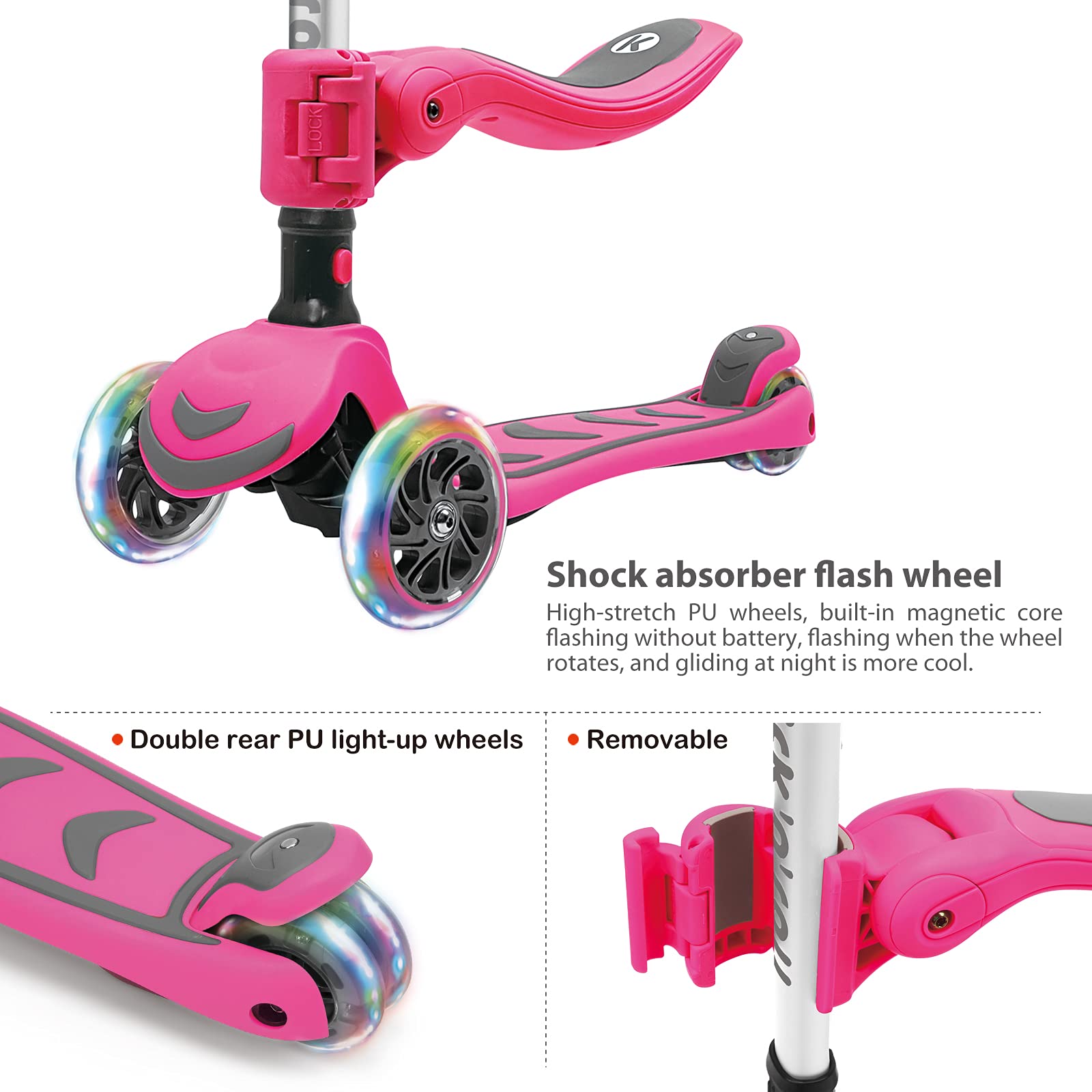 Kicknroll Patinete de 3 Ruedas Luminoso para Niños sin/con Asiento, 4 de Altura Ajustable y Patinete Plegable, Cubierta Extra Ancha, Scooer para Niños Niñas de 2 a 12 Años Soporte de 50 kg