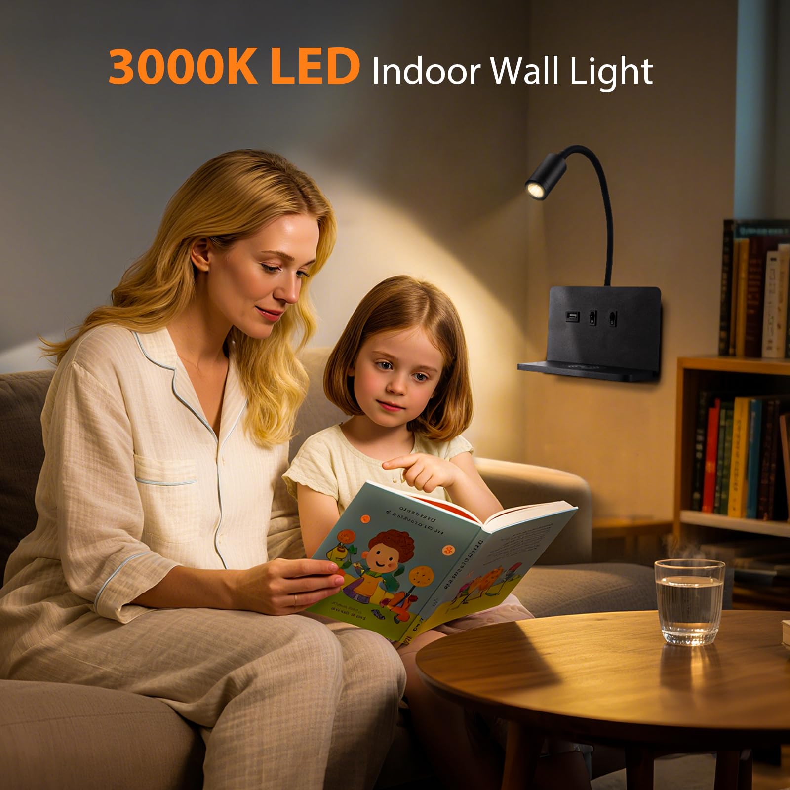 Lampada da parete per comodino con porta di ricarica USB e Caricatore Wireless, lampada da lettura 3W + 9W 3000K, Faretto Regolabile Luce Ambientale per Camera da Letto(2)