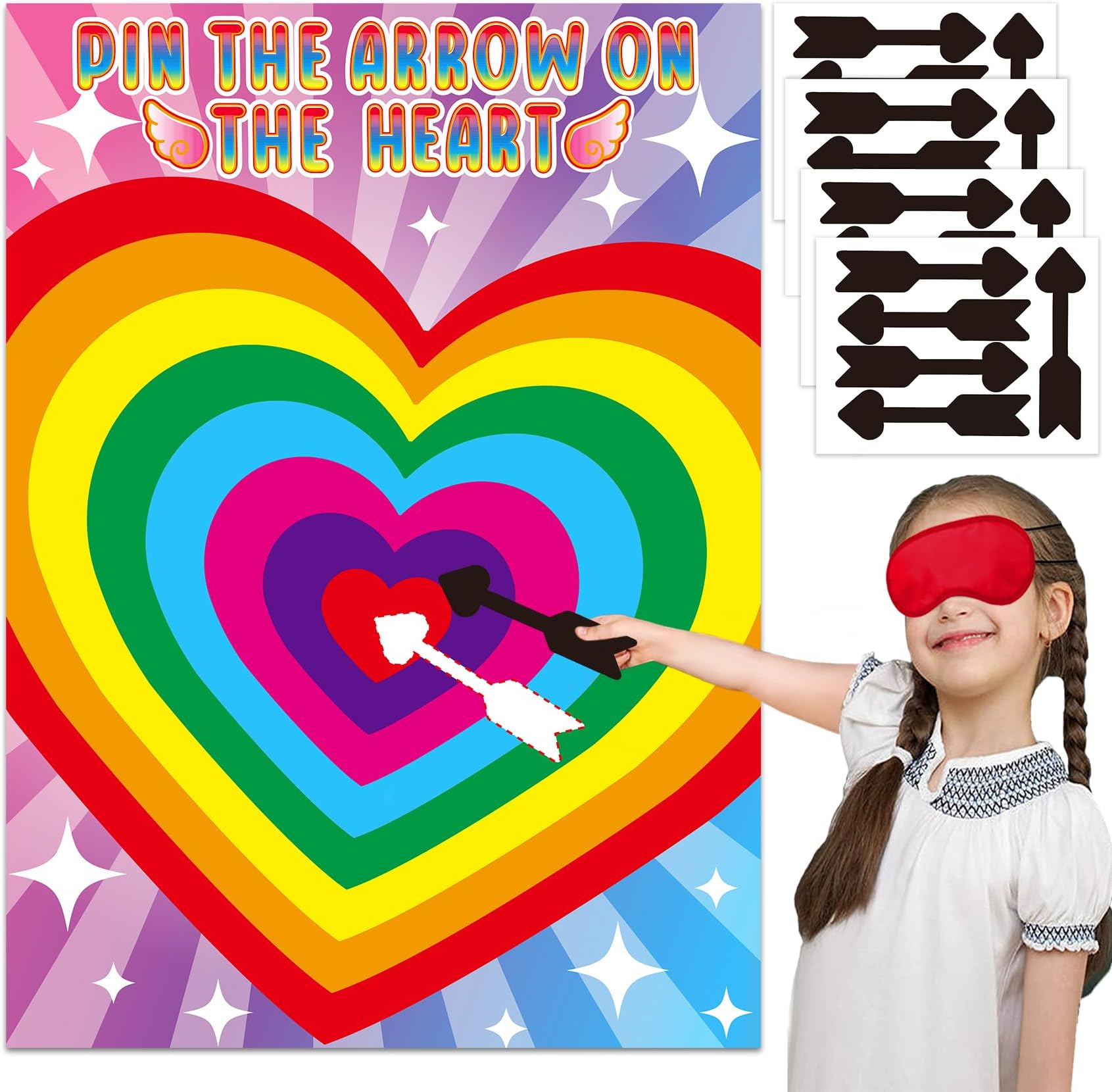Valentines Day Games for Kids - Pin The Arrow on The Heart Classroom Party Activity with Reusable Stickers