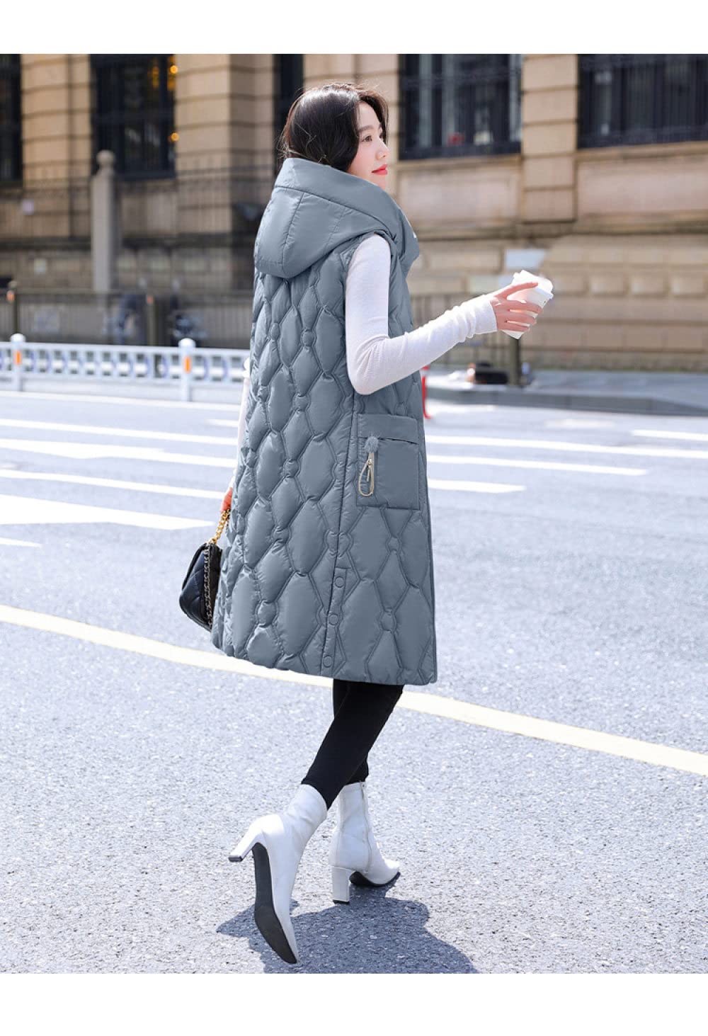 Piumino Smanicato Donna,Gilet Lungo Trapuntato Cappotto Invernale Gilet Con Cappuccio Moda Blu Rombo Gilet Senza Maniche Elegante Sciolto Signore Puffer Gilet Lungo Imbottito Di Transizione Gilet Di