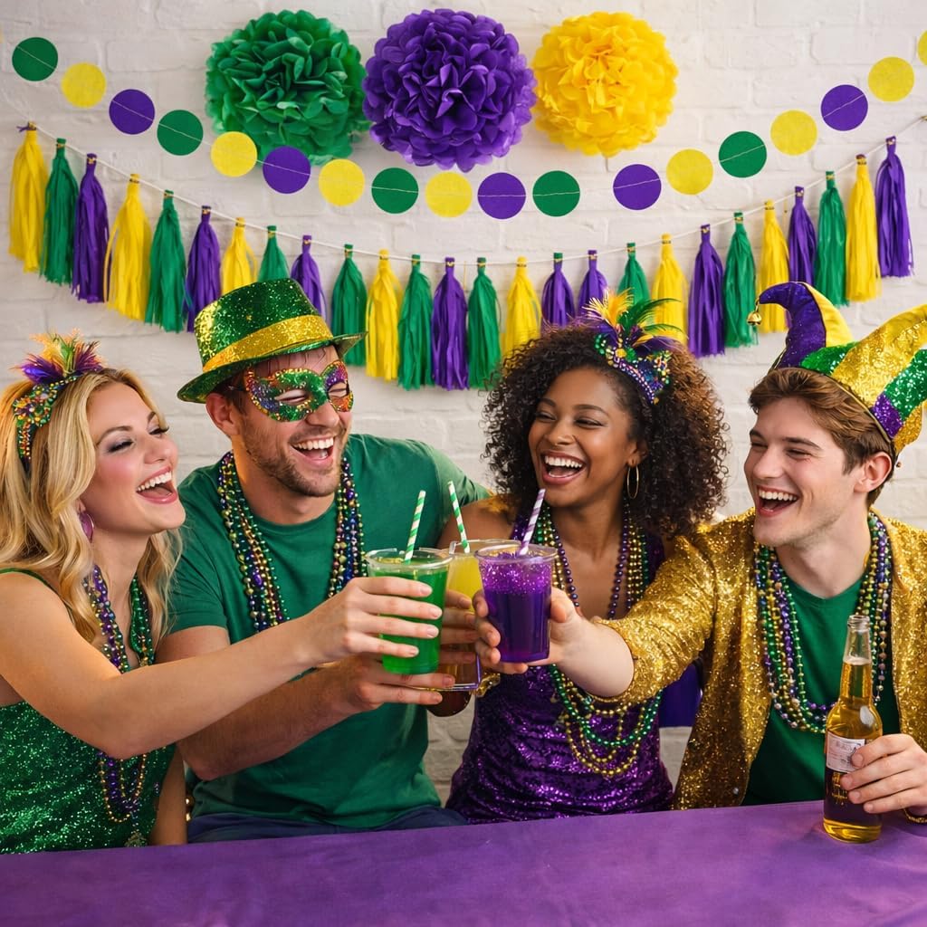 32PCS Mardi Gras Decorations Party Favors Supplies, Mardi Gras Decor Props Backdrop, Hanging Swirl Tissue Paper Pom Poms Garland Flowers for Birthday Baby Shower - Image 6
