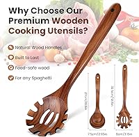 Vista 2 de Juego de cucharas de madera para cocinar, tenedor de pasta y cucharón - 2 utensilios de cocina antiadherentes de madera de teca natural