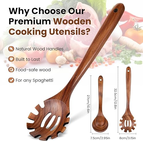 Miniatura 2 de Juego de cucharas de madera para cocinar, tenedor de pasta y cucharón - 2 utensilios de cocina antiadherentes de madera de teca natural para