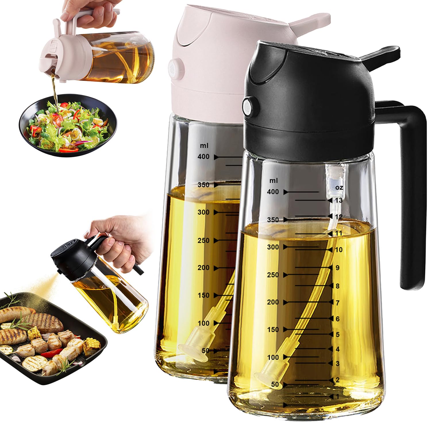 TrendPlain 16oz Ölsprüher für Speiseöl – 470ml Olivenöl Flasche – 2-in-1 Ölspender und Ölsprüher – Küchen Gadgets für Kochen, Salat und Grill