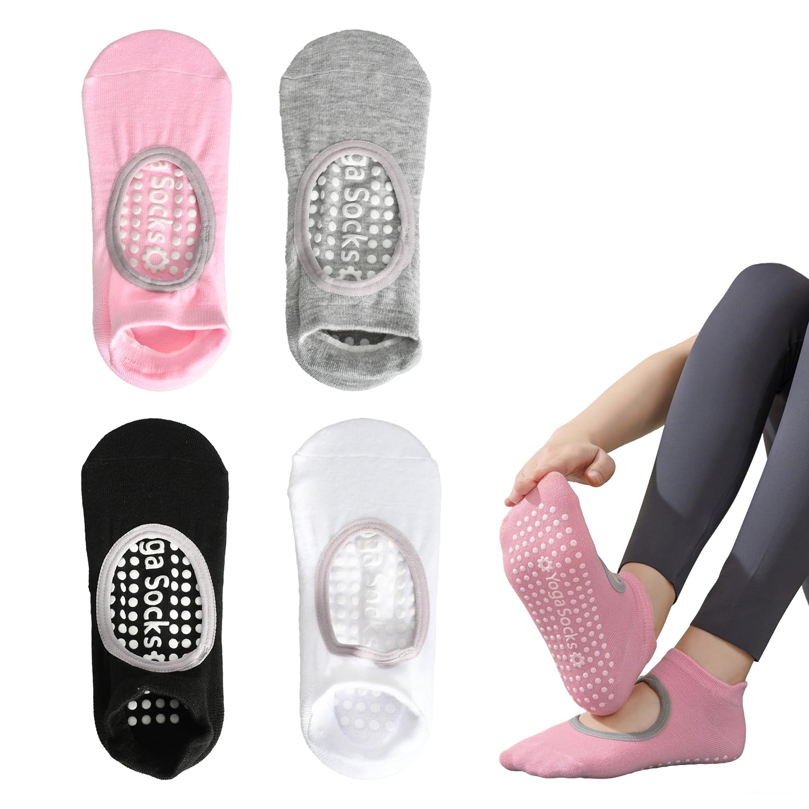 Zirax 4 Pairs Grip Socks for Women, Non-Slip Pilates Socks for Yoga Barre Ballet, Athletic Socks with Anti-Skid Sole for Barefoot Workout