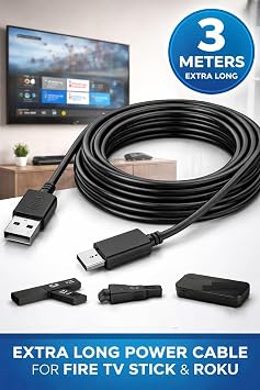 Power Cable for Fire TV Stick Extra Long, 3 Meters USB Power Cord Compatible with Fire TV Stick, Roku Streaming Stick, Roku Premier, Mini PC Sticks