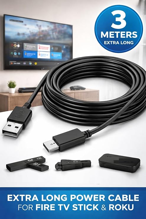 Power Cable for Fire TV Stick Extra Long, 3 Meters USB Power Cord Compatible with Fire TV Stick, Roku Streaming Stick, Roku Premier, Mini PC Sticks