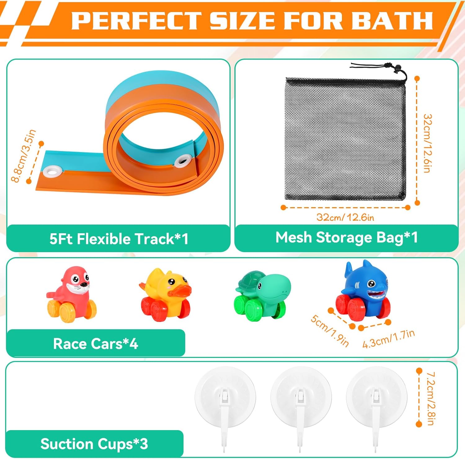 Race Car Bath Toys, Toddler Bathub Toy Set, 5 Ft Flexible Bath Race Track for Kids Ages 3+ , Cars Toy Gift for Baby Boys &Girls, Portable Rolls Up Race Tracks with 1 Mesh Storage Bag & 3 Suction Cup