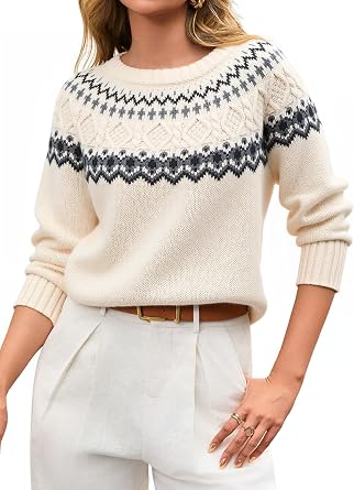 Womens Cropped Sweater Trendy 2026 Long Sleeve Crewneck Fair Isle Sweaters Chunky Knit Pullover Tops Fall Outfits