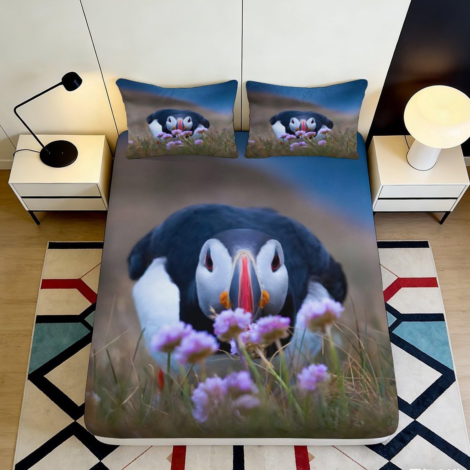 Pnayamiorkfel Style-10 3D Printed Puffin Meadow Fitted Sheet Microfiber Soft Breathable Flower Field Mattress Cover For Bedroom Decor 90X200x25cm