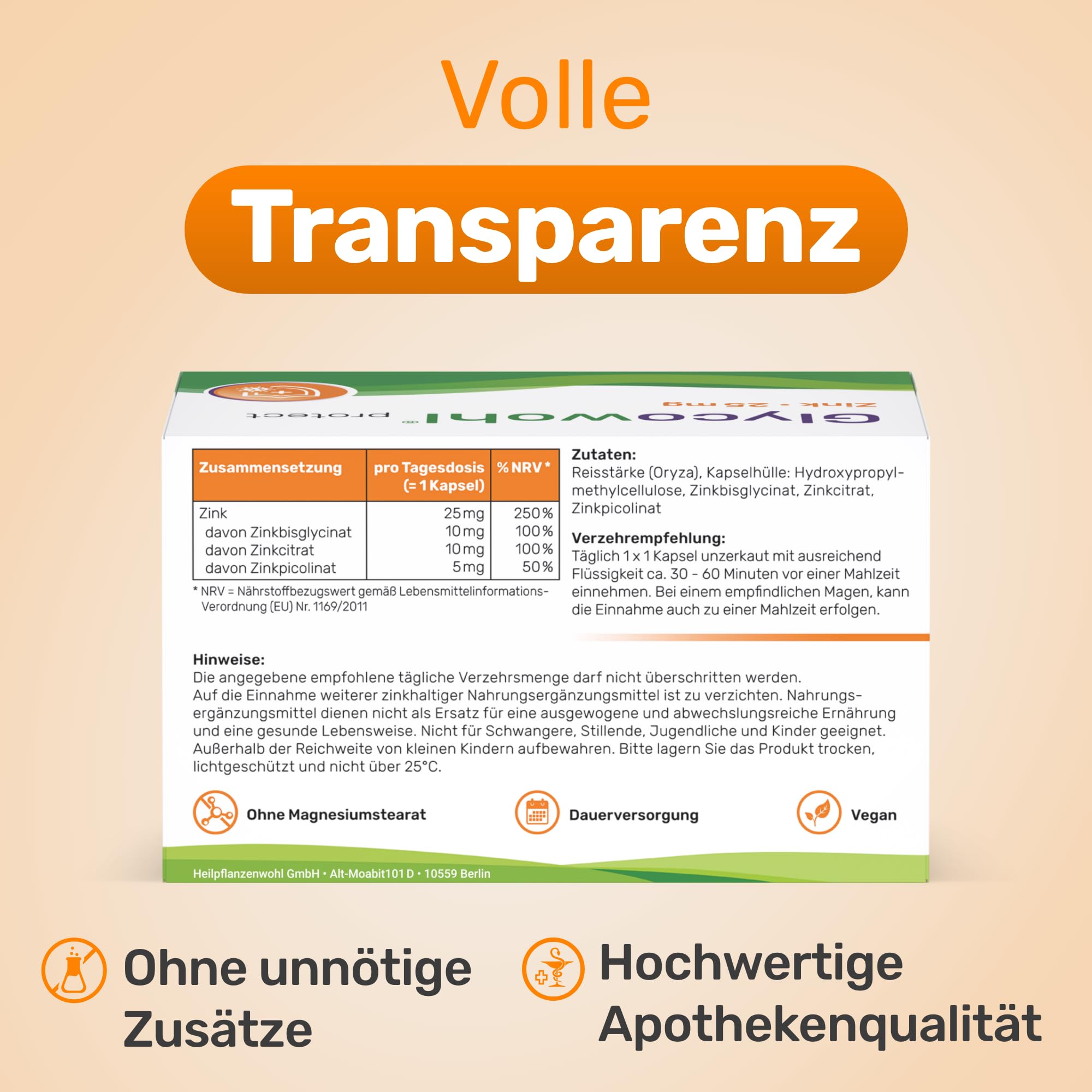 Glycowohl Zink Komplex 25 mg – 3 Zinkformen – 120 Kapseln | 10 mg Bisglycinat, 10 mg Citrat & 5 mg Picolinat (= 25 mg Zink) · Für die Dauerversorgung · Nur 1 Kapsel täglich