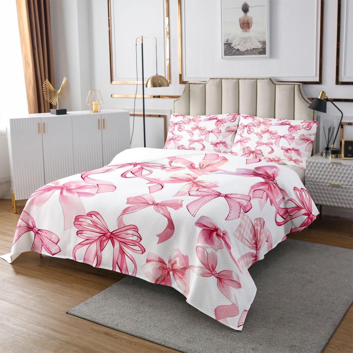 jejeloiu Cute Bowknot Bedspread King Size Coquette Bow Coverlet Set Kawaii Bow Tie Quilted Coverlet for All Season with 2 Pillowcases Dreamy Princess Microfiber Lightweight
