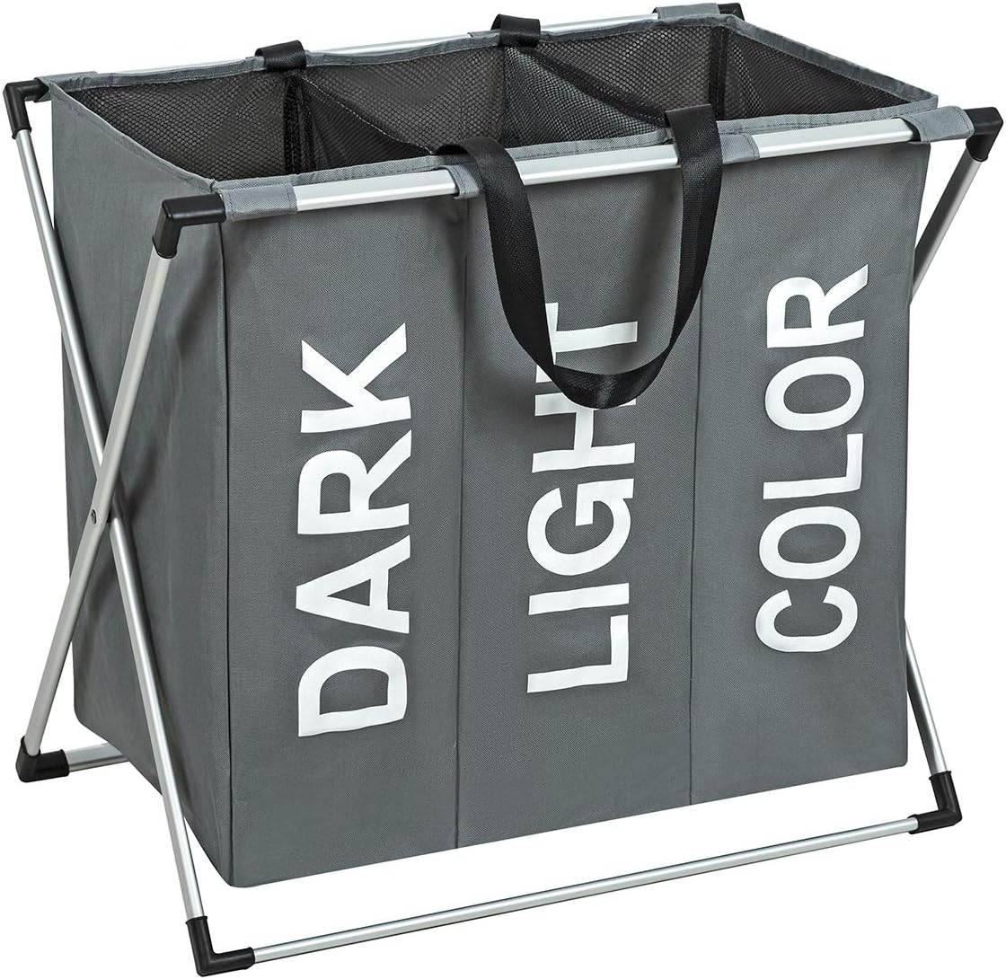 WISHPOOL 3 Section Laundry Basket Bag with X-Frame Clothes Bag Laundry Basket for Bathroom Bedroom Home（Grey）