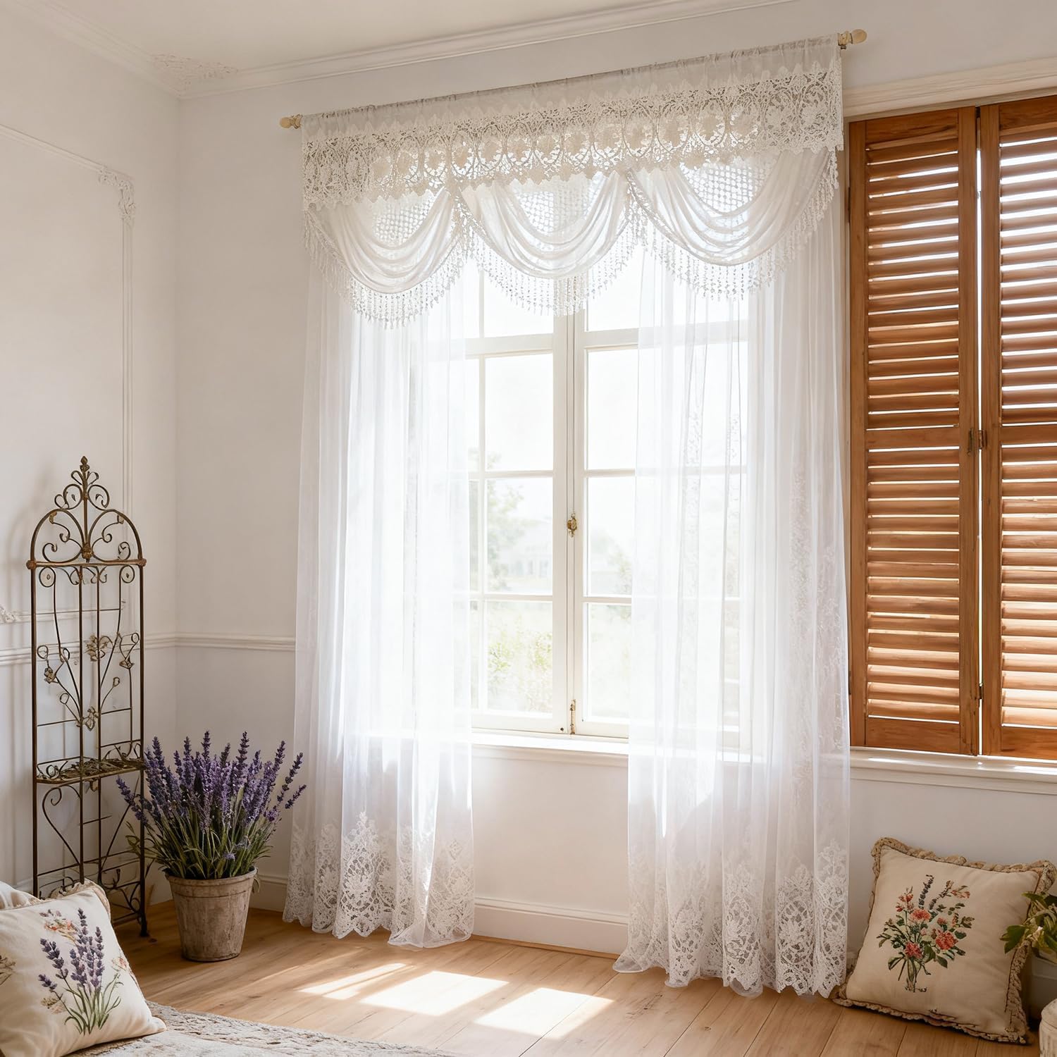 Gxi White Scallop Sheer Curtain Valance Tassel Waterfall Valance for Living Room Rod Pocket Voile Lace Curtain for Kitchen Window Treatment Swags 1 Panel Polka Dot Pattern, Width 75 Inch