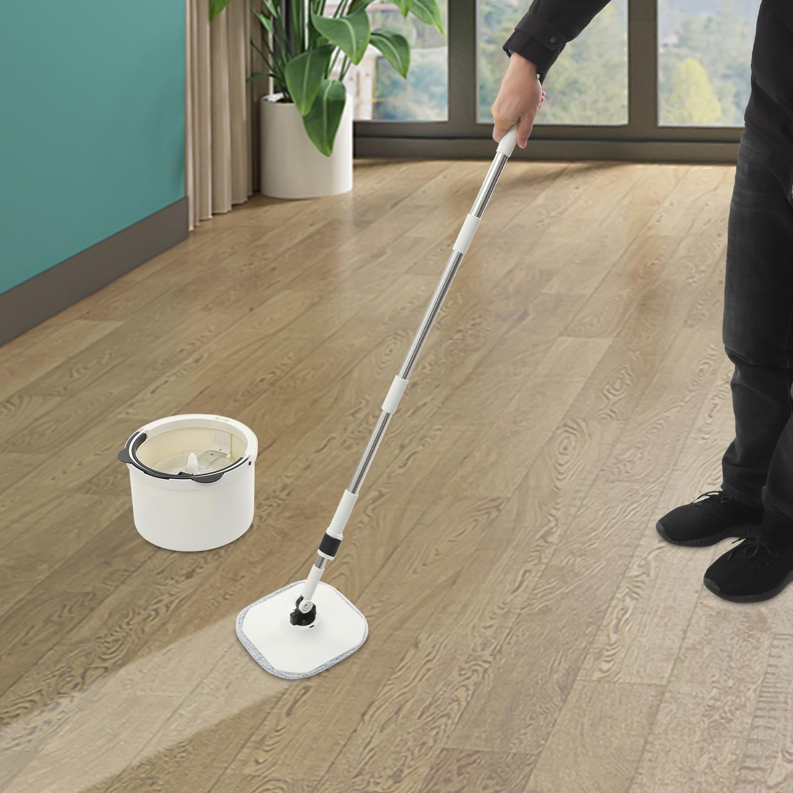 Juego de fregona y cubo – Fregona giratoria 360° con mango ajustable, separación de aguas residuales, 5 paños reutilizables para todo tipo de suelos