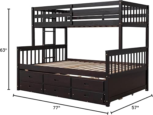 Miniatura 9 de Litera individual sobre matrimonial con nido y 3 cajones de almacenamiento marco de litera de madera maciza con escalera se puede separar en 3 camas