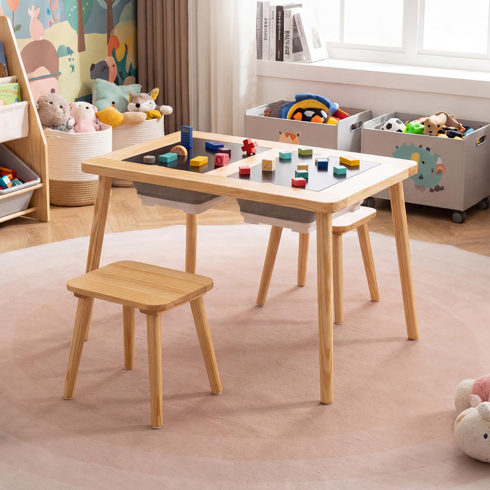 LIFEZEAL Tavolo da attività con 2 sedie per bambini, gruppo di seggiolini per bambini, tavolo sensoriale, in legno, per ragazzi e ragazze, sabbia e acqua, set di mobili per bambini (naturale)