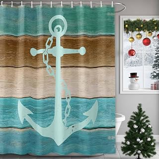Teal Brown Anchor Waterproof Shower Curtain, Large 72"x78" Washable Polyester Fabric Shower Curtains for Bathroom, Vintage Art Nautical Coastal Ocean Wooden Decorative Bathtub Curtain Sets with Hooks