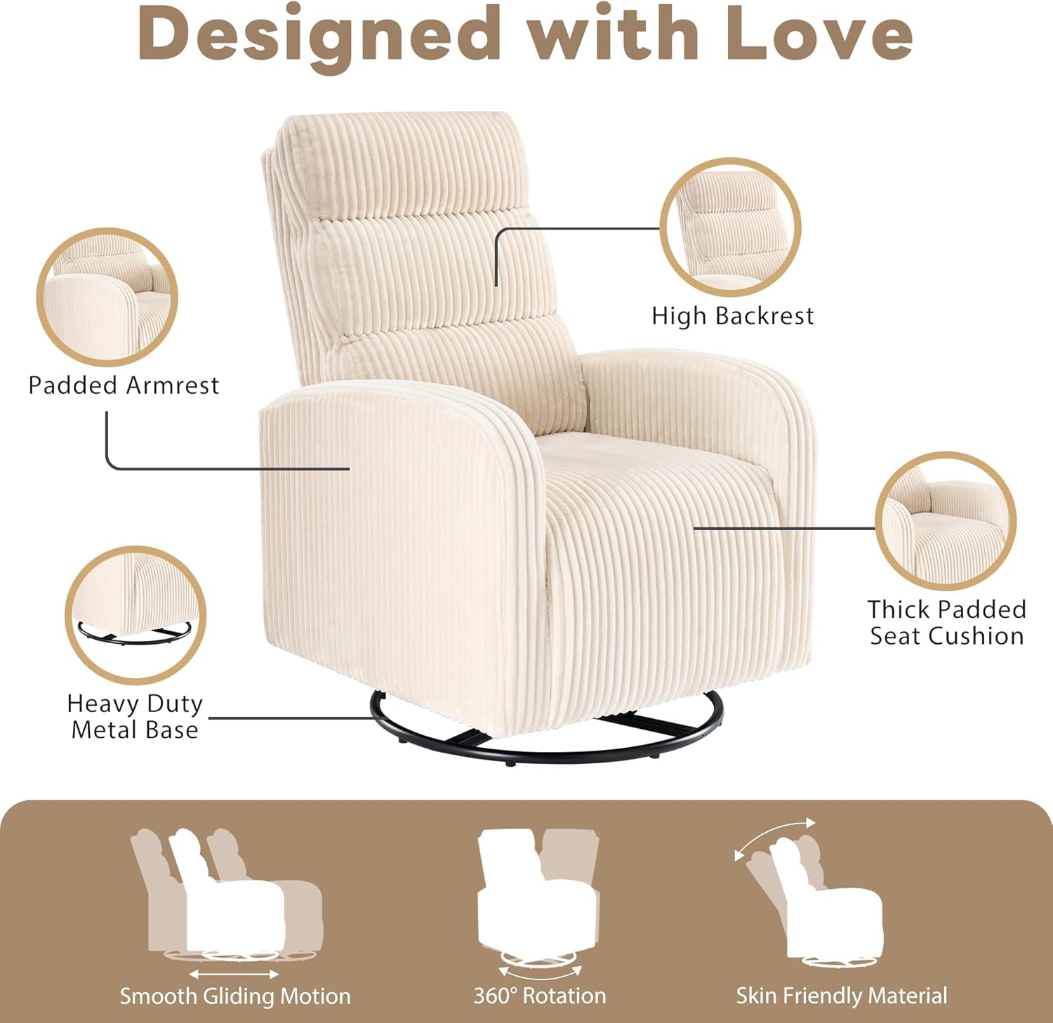 Swivel Rocker Chair, 360°Swivel Rocker Chairs with High Back Arms, Rocking Lazy Boy Chairs, Upholstered Swivels Corduroy Glider for Living Room, Bedroom, Nursing, Beige