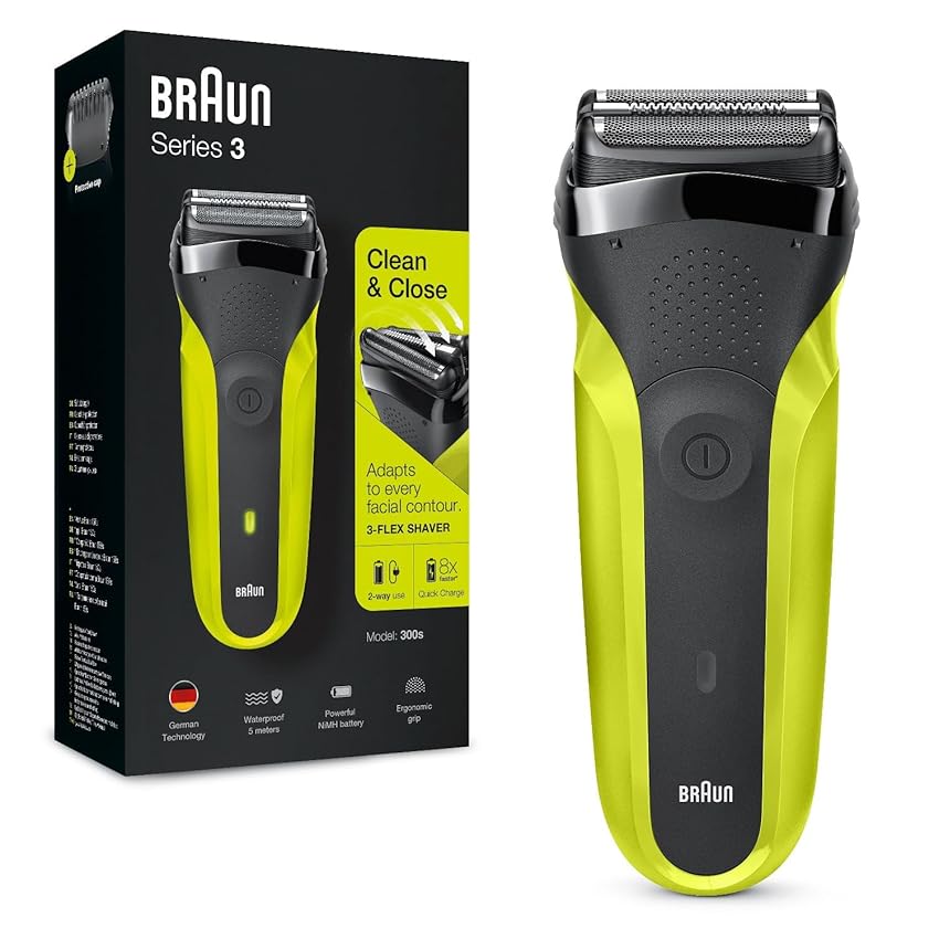 Braun Serie 3 300 Rasoio Elettrico Barba, Wet&Dry, Regolabarba Uomo, Rasoio Barba, 3 Lame Flessibili, Regolabarba Braun, Ricaricabile E Senza Fili, Nero/Verde Elettrico