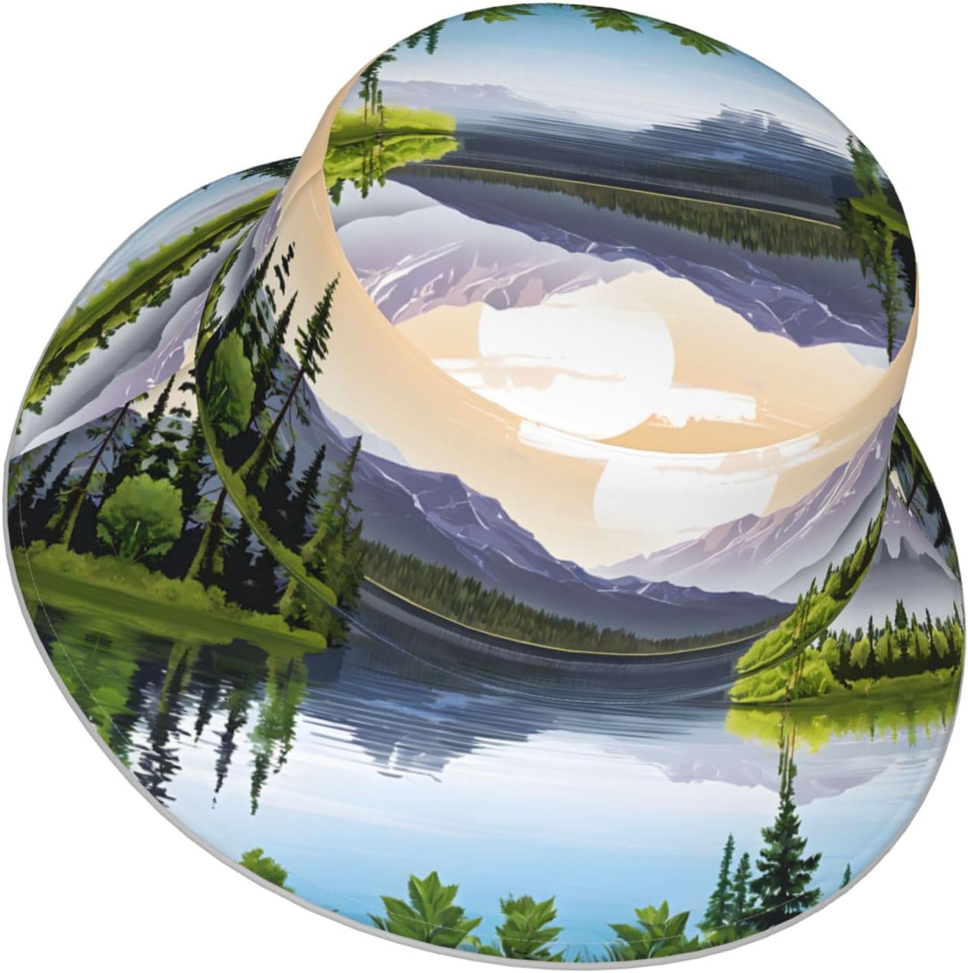 (Mountain Lake View Sunny Day Nature) Reflective Reversible Bucket Hat Foldable Breathable Stylish Two-Way Wear for Outdoor Travel Daily Activities Black