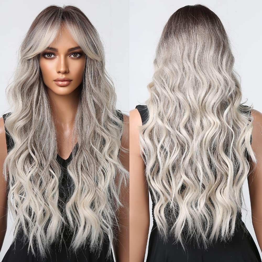 Gray Wigs With Air Bangs Long Water Wave Wigs For Black Women Long Curly Wig With Dark Roots Heat Resistant Synthetic Wig For Daily Use 26In