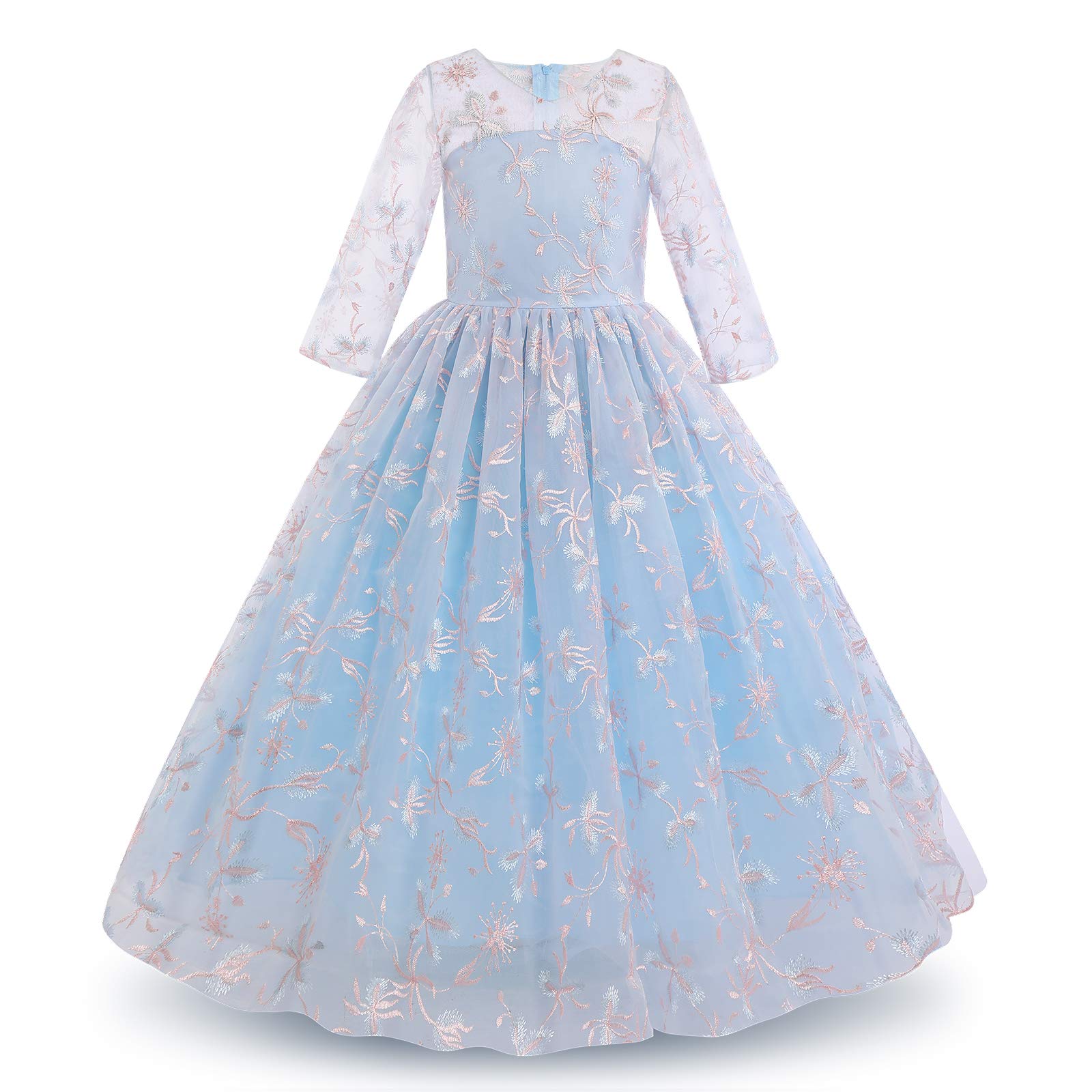 Odizli Vestidos de niña de flores festivos largos vestido de fiesta 3/4 manga flor bordado vestido de tul vestido de princesa vestido de boda fiesta vestido de noche, azul, 9-10 Años