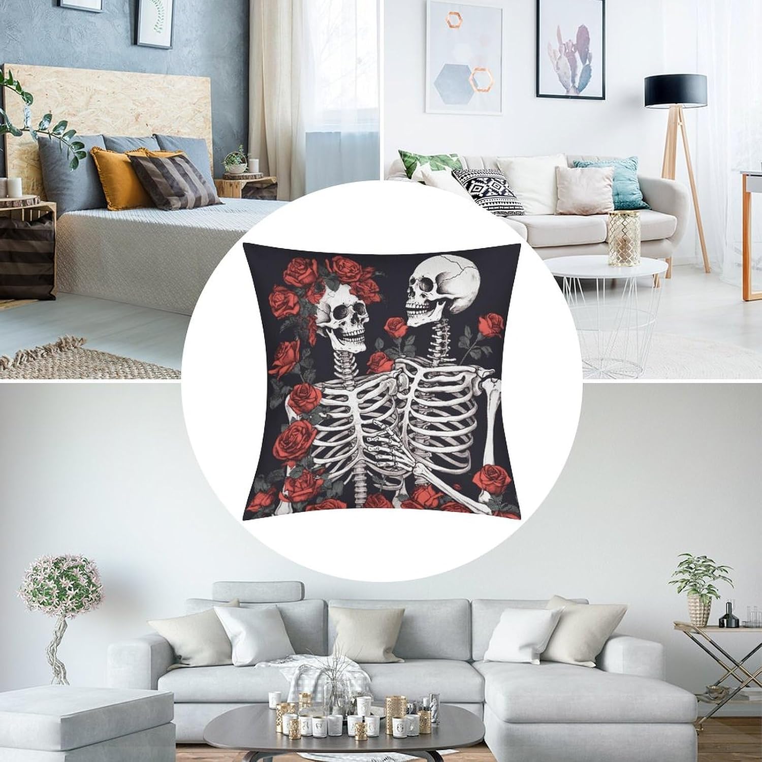 Rose and Skeleton Pillow Protectors Cute Waterproof Pillow Cover Soft Skin-Friendly Cushion Case Decorative Square Cushion Cover for Couch Sofa Bed Living Room Bedroom