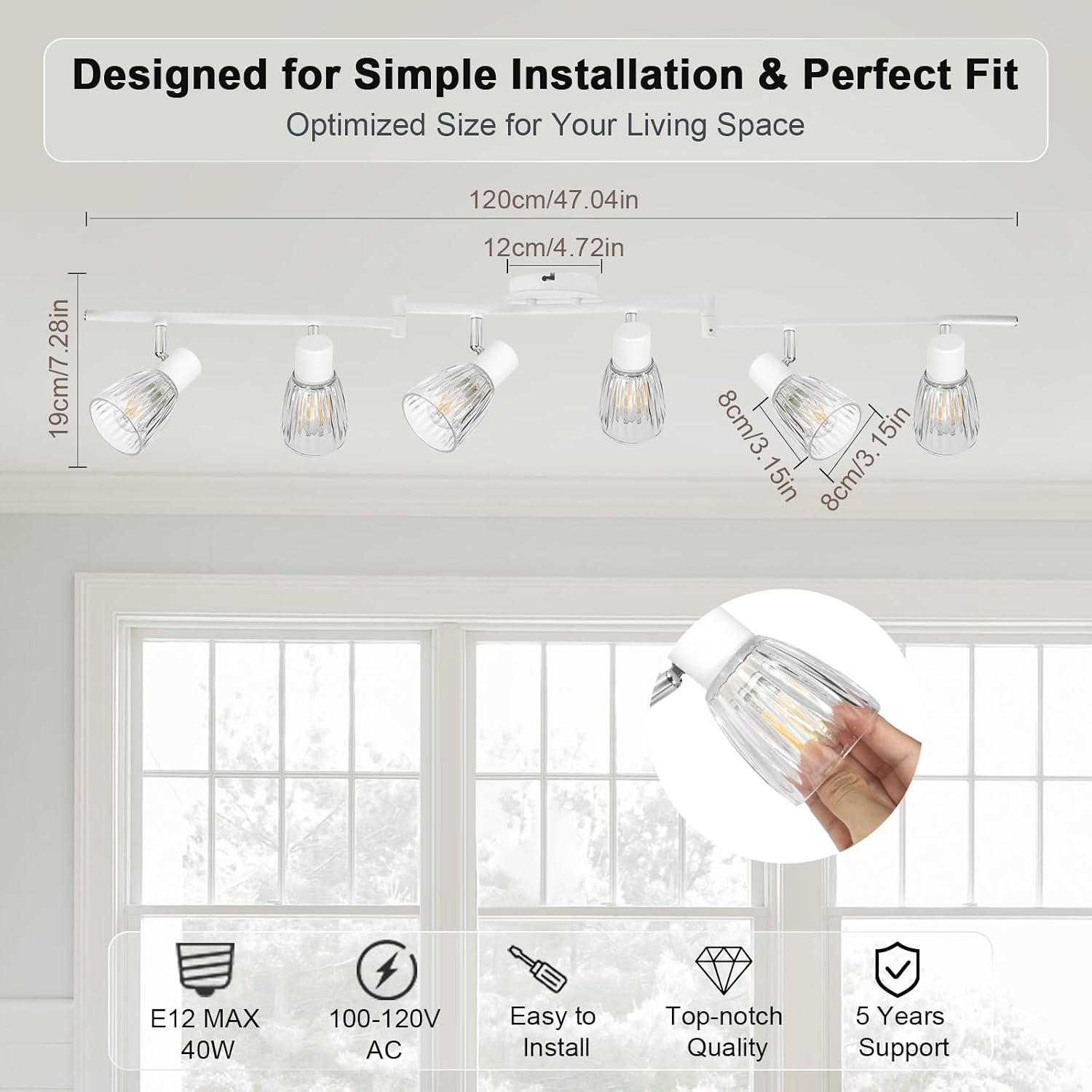 HiBay 6-Light Track Lighting, Flexible Modern Ceiling Light Fixture White w/Glass Shades, Flush Mount Ceiling Wall Track Spot Lights Indoor for Kitchen, Living Room, Bedroom, E12 Base, No Bulbs