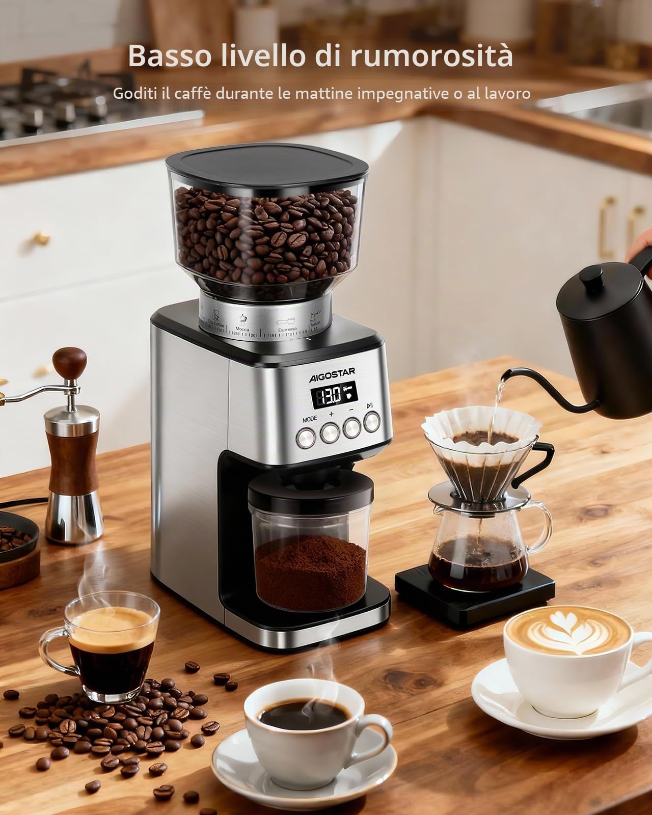 Aigostar Macina Caffe' Elettrico a Cono, 52 Impostazioni di Macinatura, Macinacaffè Elettrico per Caffè Espresso, Macina Caffè Professionale con Display Digitale Preciso, Acciaio Inossidabile, Argento