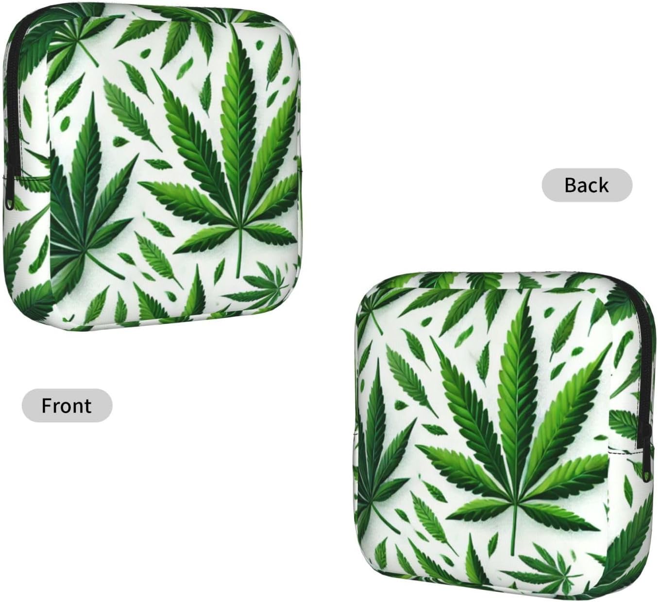 Cannabis-Leaves-Green Portable Period Pad Pouch for Women, Sanitary Napkin Storage Bag with Zipper for Outdoor Use image 2